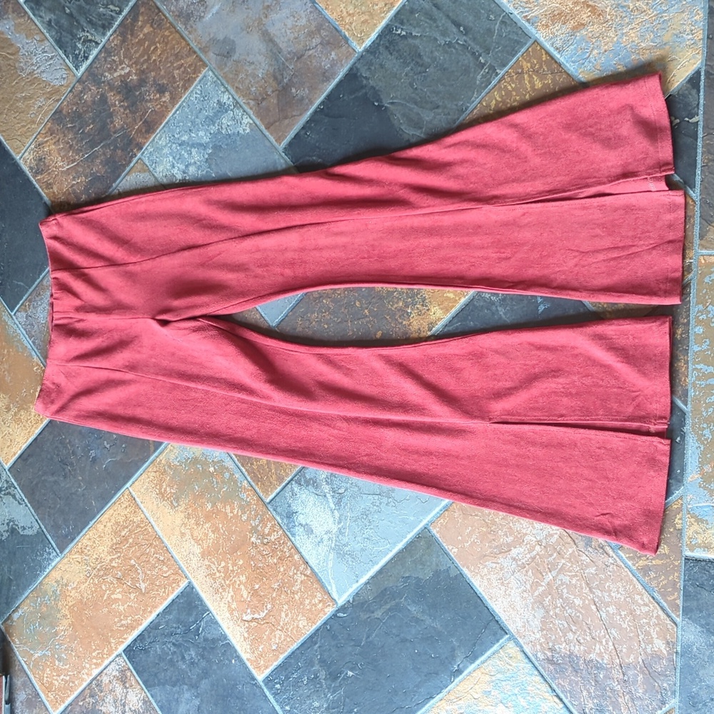 Faux suede microfiber rust red split seam flares